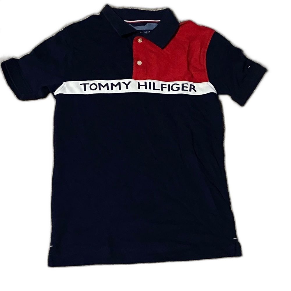 Tommy Hilfiger Polo Shirt Kids Size M 12/14 Navy Blue Excellent Colorblock Logo